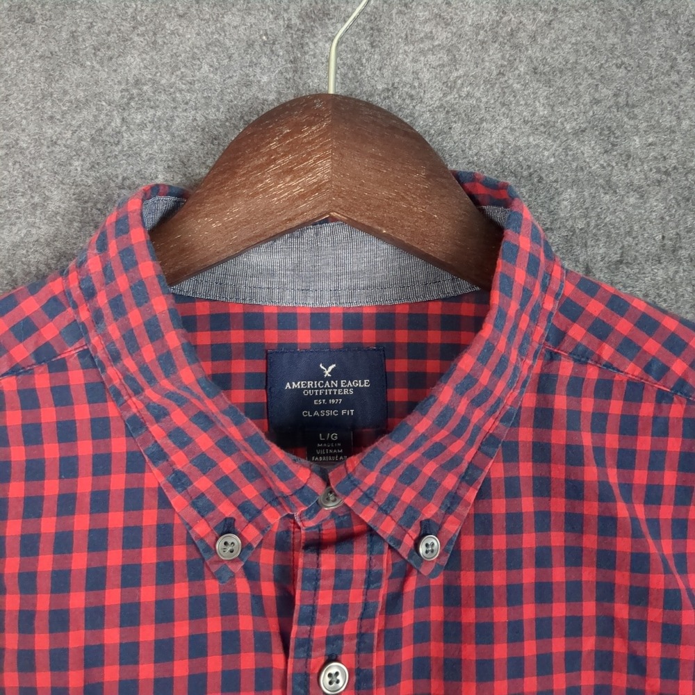 American Eagle Mens Classic Fit Gingham Button Down Shirt Red Navy Blue Large - Picture 6 of 11